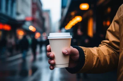 Person Holding A Disposable Coffee Cup On City Street