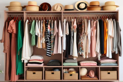 Organized Walk-In Closet With Hanging Clothes And Hats