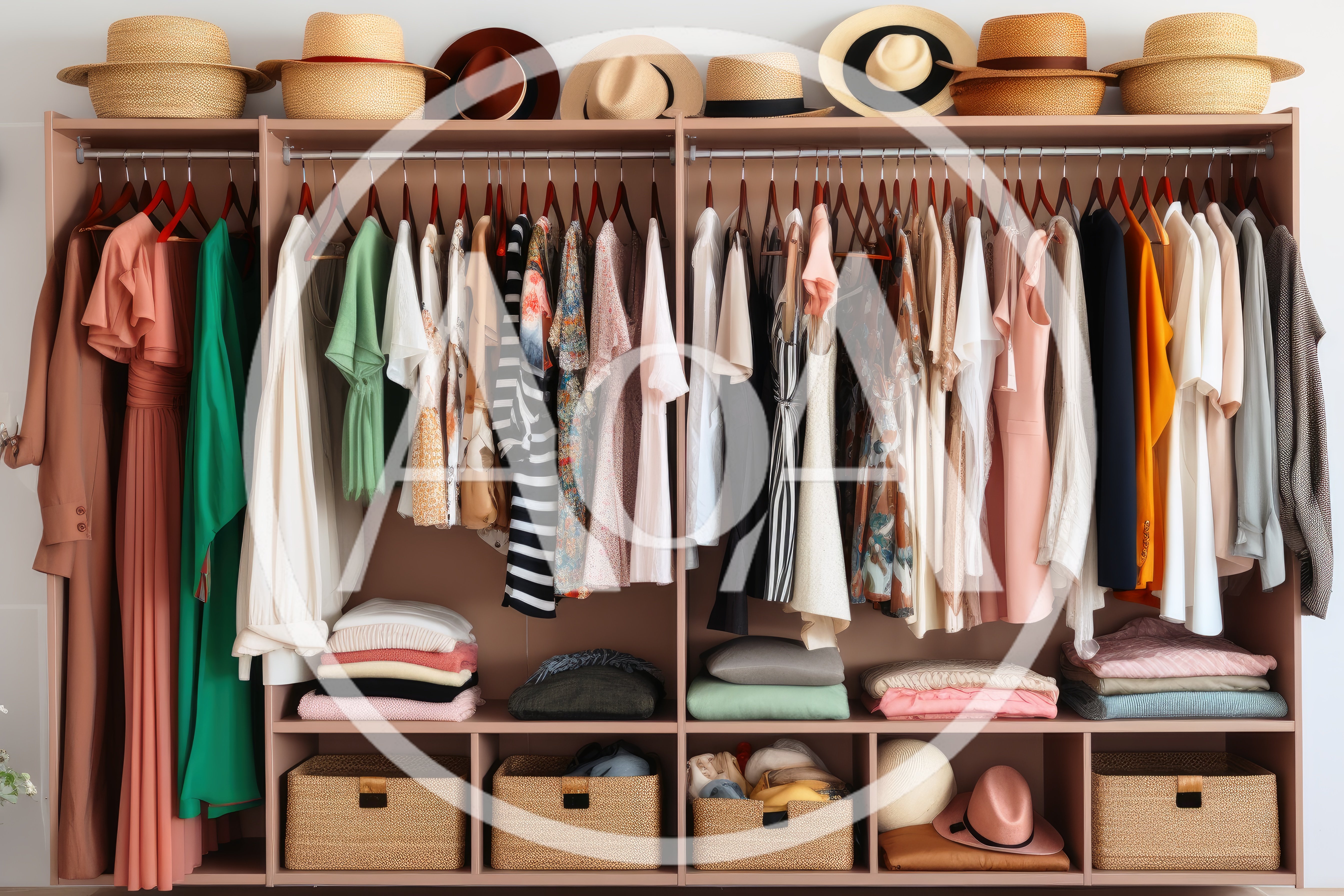 Organized Walk-In Closet With Hanging Clothes And Hats