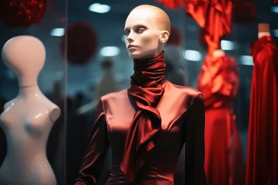 Mannequins Displaying Red Satin Fashion In Store Window