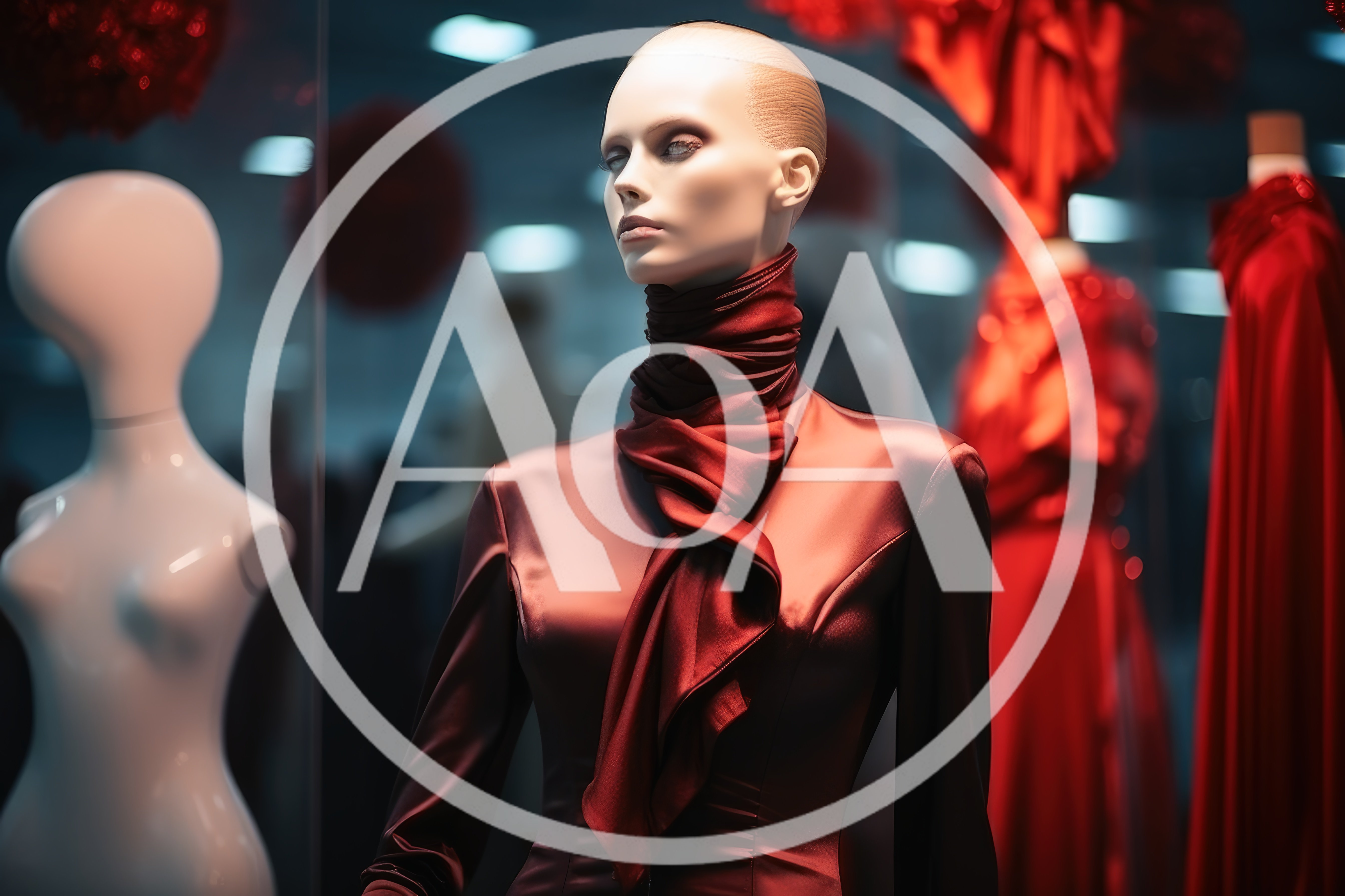 Mannequins Displaying Red Satin Fashion In Store Window