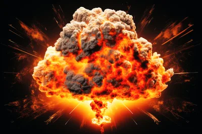 Massive Fiery Explosion With Glowing Debris And Smoke