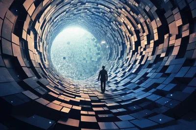 Silhouette Of A Person Walking Through A Futuristic Tunnel