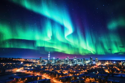 Aurora Borealis Over A Modern City Skyline At Night