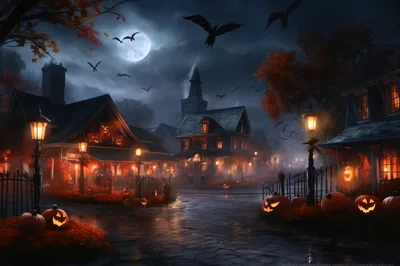 Spooky Halloween Neighborhood Street at Night