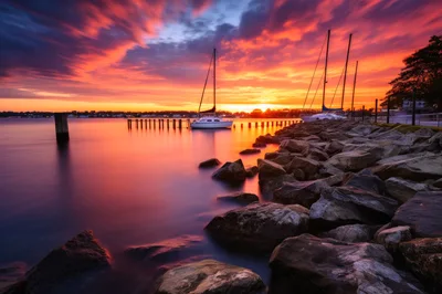 Sailboats Moored At A Rocky Shore During Sunset