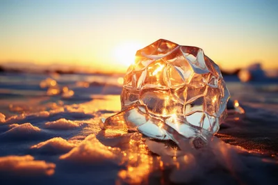 Crystal Clear Ice Chunk On Frozen Lake At Sunset