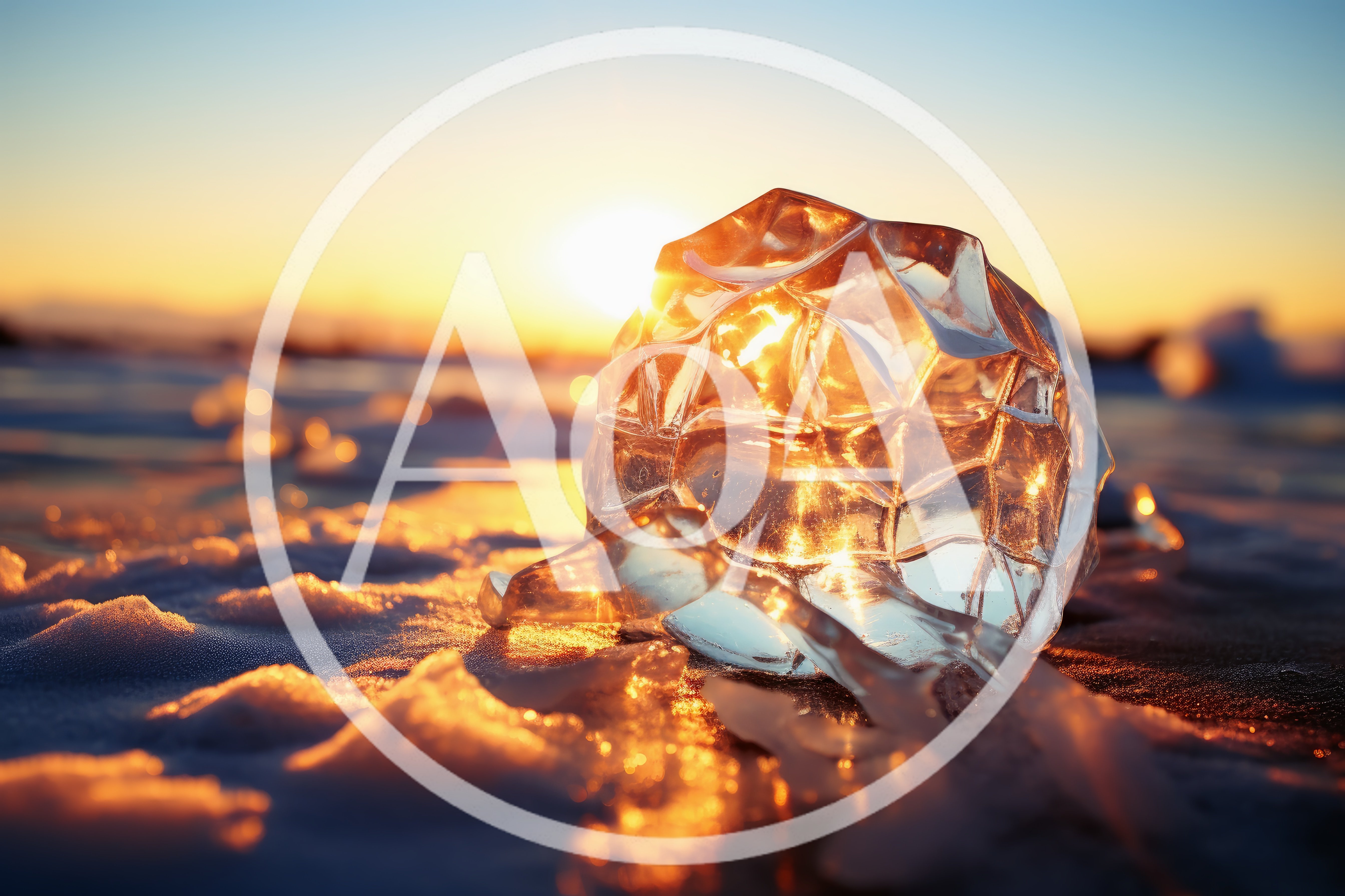 Crystal Clear Ice Chunk On Frozen Lake At Sunset