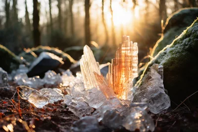 Crystalline Ice Formations Glowing in Golden Forest Sunlight