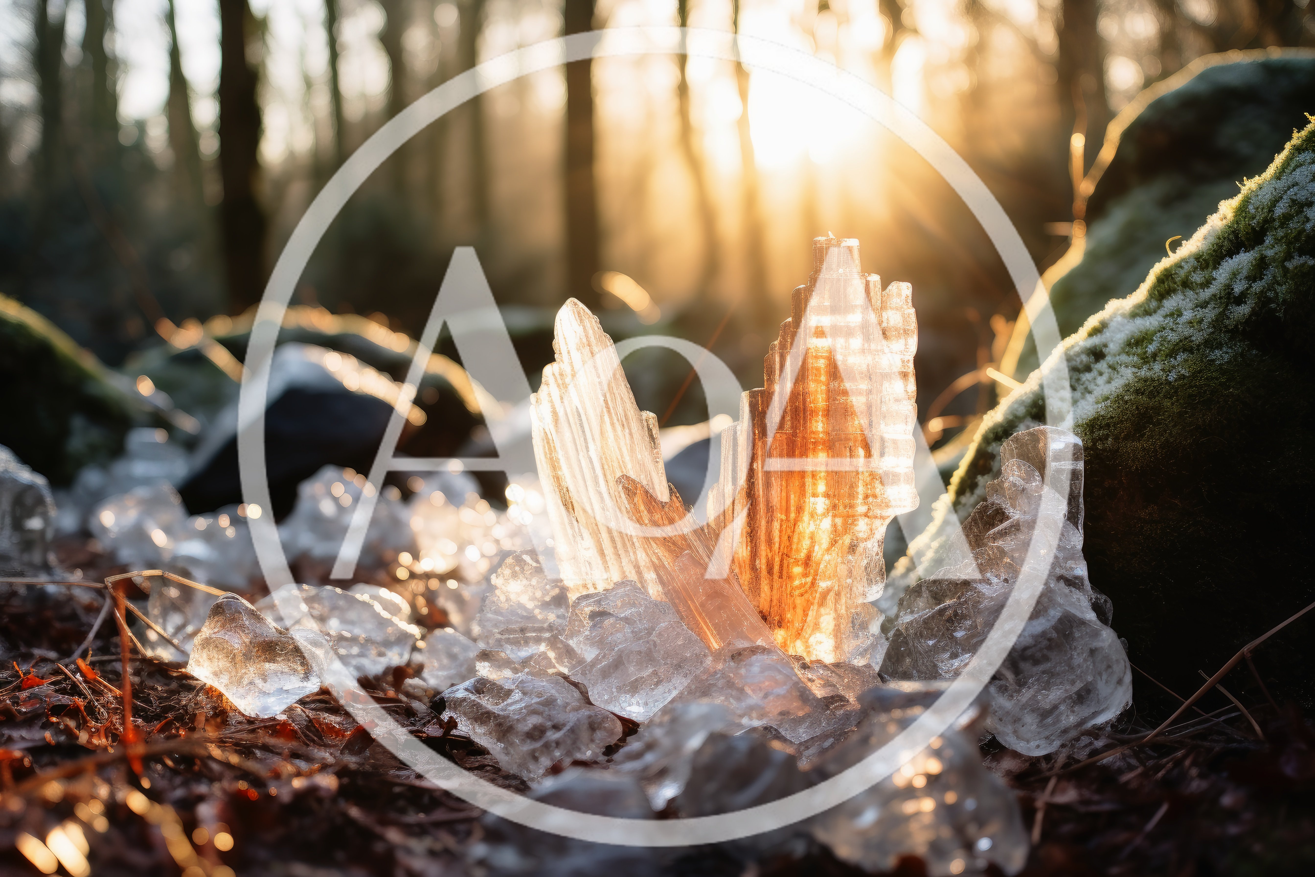 Crystalline Ice Formations Glowing in Golden Forest Sunlight