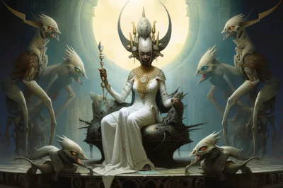 Alien Queen Sitting On Throne With Creature Guardians