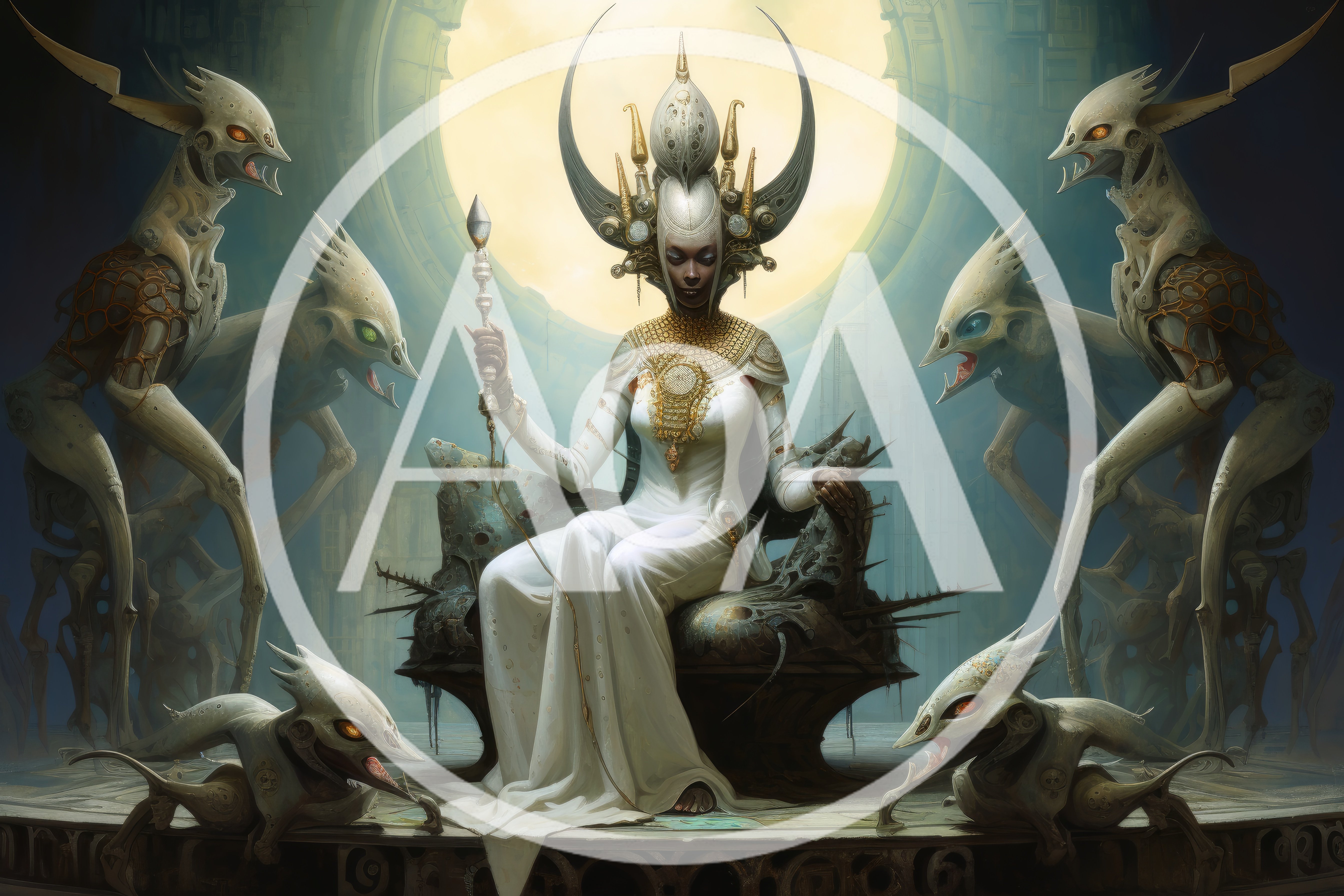 Alien Queen Sitting On Throne With Creature Guardians