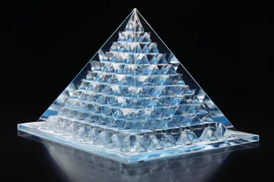 Clear Crystal Pyramid Sculpture on Reflective Black Surface