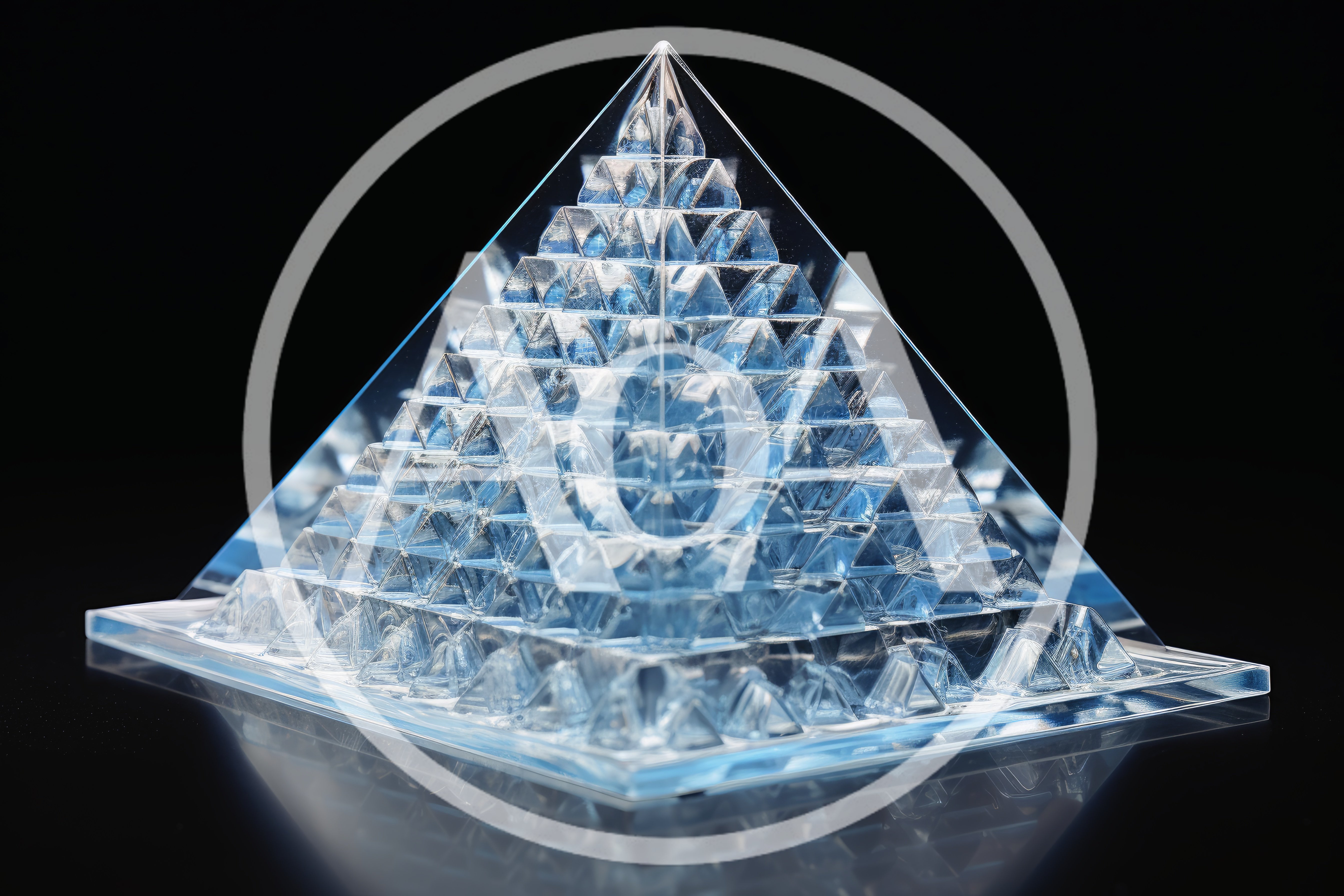 Clear Crystal Pyramid Sculpture on Reflective Black Surface