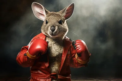 Anthropomorphic Kangaroo Boxer Wearing Red Leather Jacket