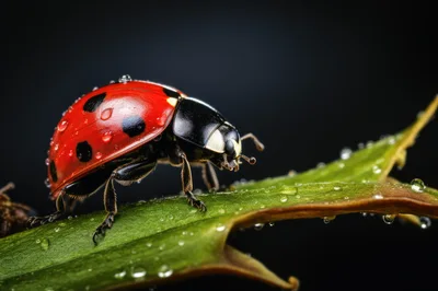 Macro Shot Of A Ladybug On A Dewy Leaf