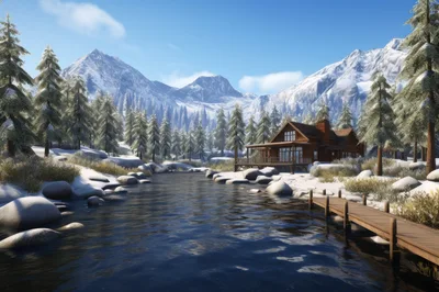Log Cabin Beside A Frozen River In Snowy Mountains