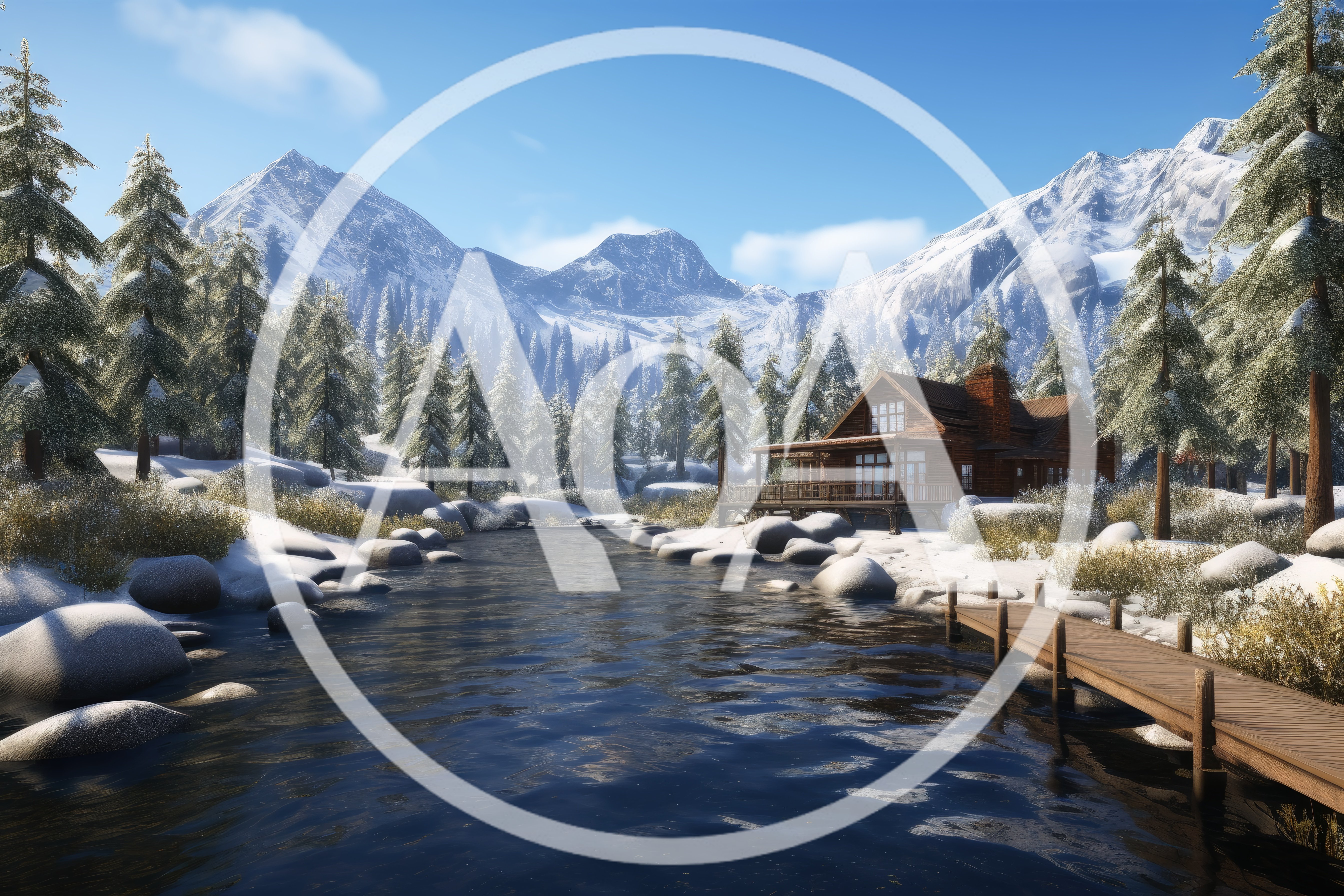 Log Cabin Beside A Frozen River In Snowy Mountains