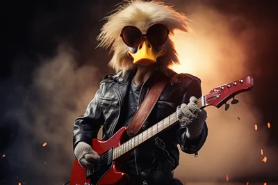 Rock Star Duck Character Playing Electric Guitar