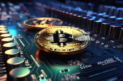 Gold Bitcoin Tokens Resting On A Computer Circuit Board