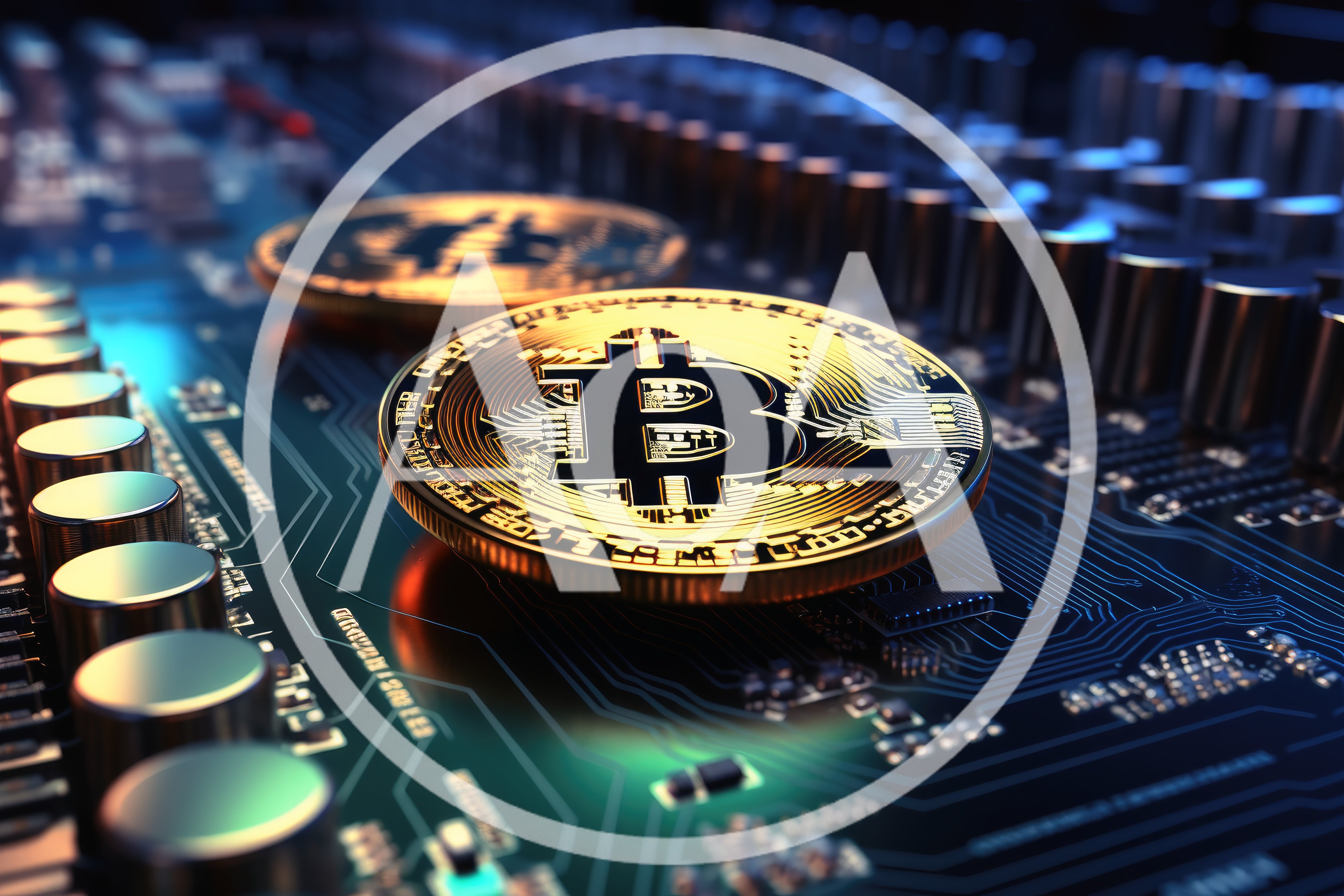 Gold Bitcoin Tokens Resting On A Computer Circuit Board