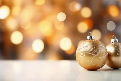 Two Golden Christmas Ornaments On A Reflective Surface