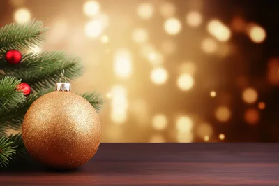 Golden Christmas Ornament on Wooden Table