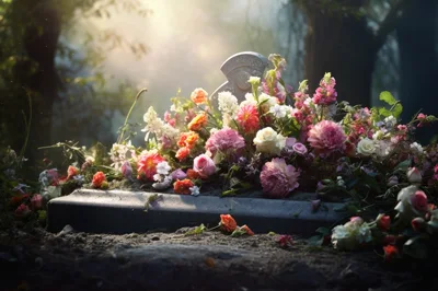 Floral Arrangement On A Grave In A Misty Forest