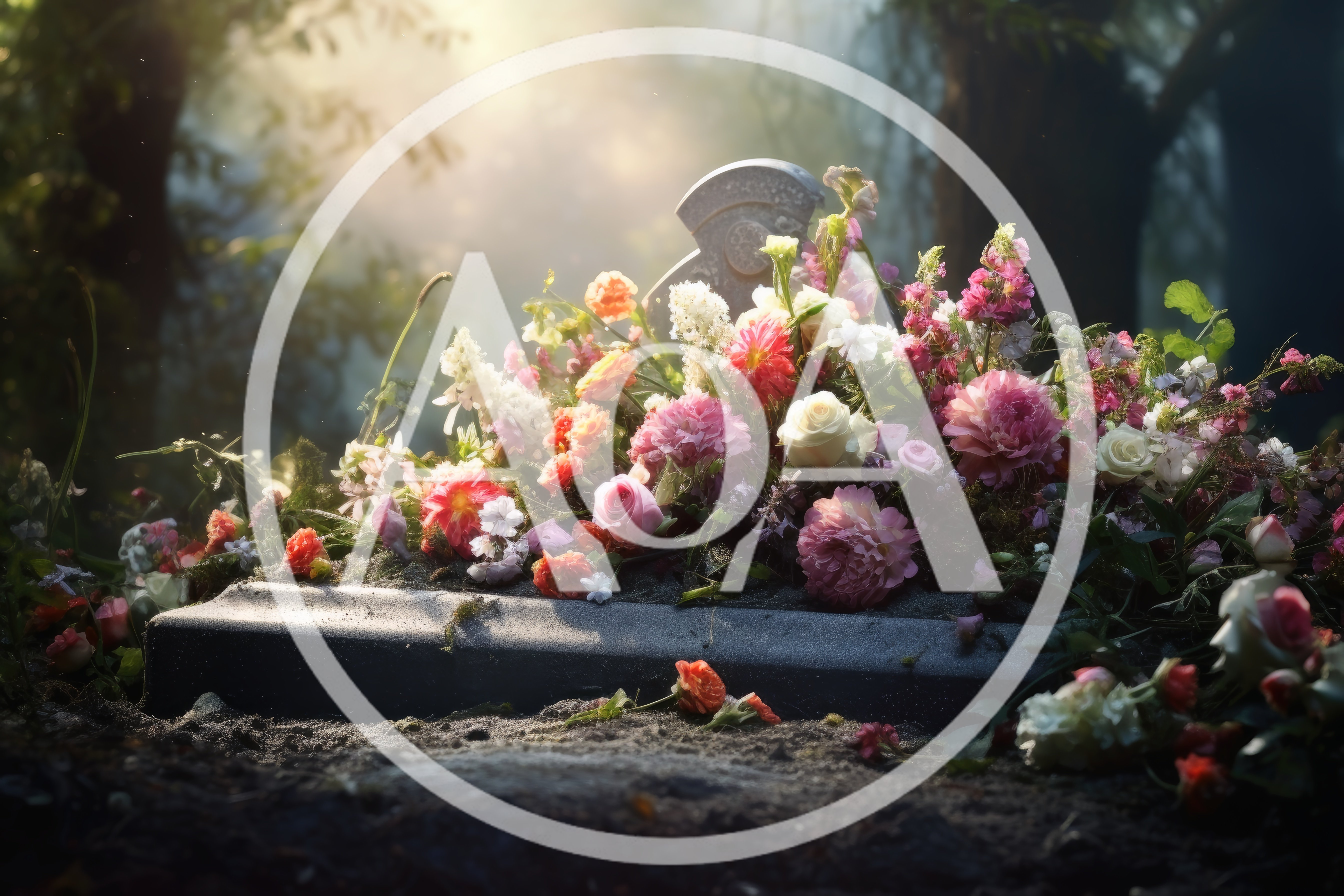 Floral Arrangement On A Grave In A Misty Forest
