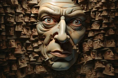 Surreal Sculpture Of A Giant Face Surrounded By Small Faces