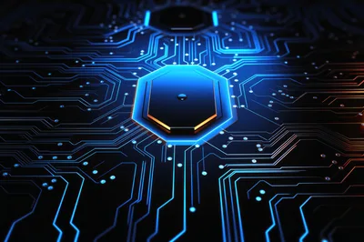 Futuristic Digital Circuit Board With Glowing Blue Processor