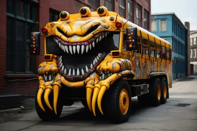 Custom Monster School Bus With Sharp Teeth And Claws