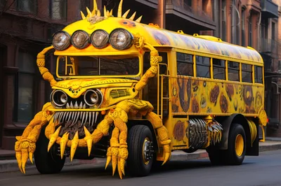 Surreal Monster School Bus With Spiky Appendages