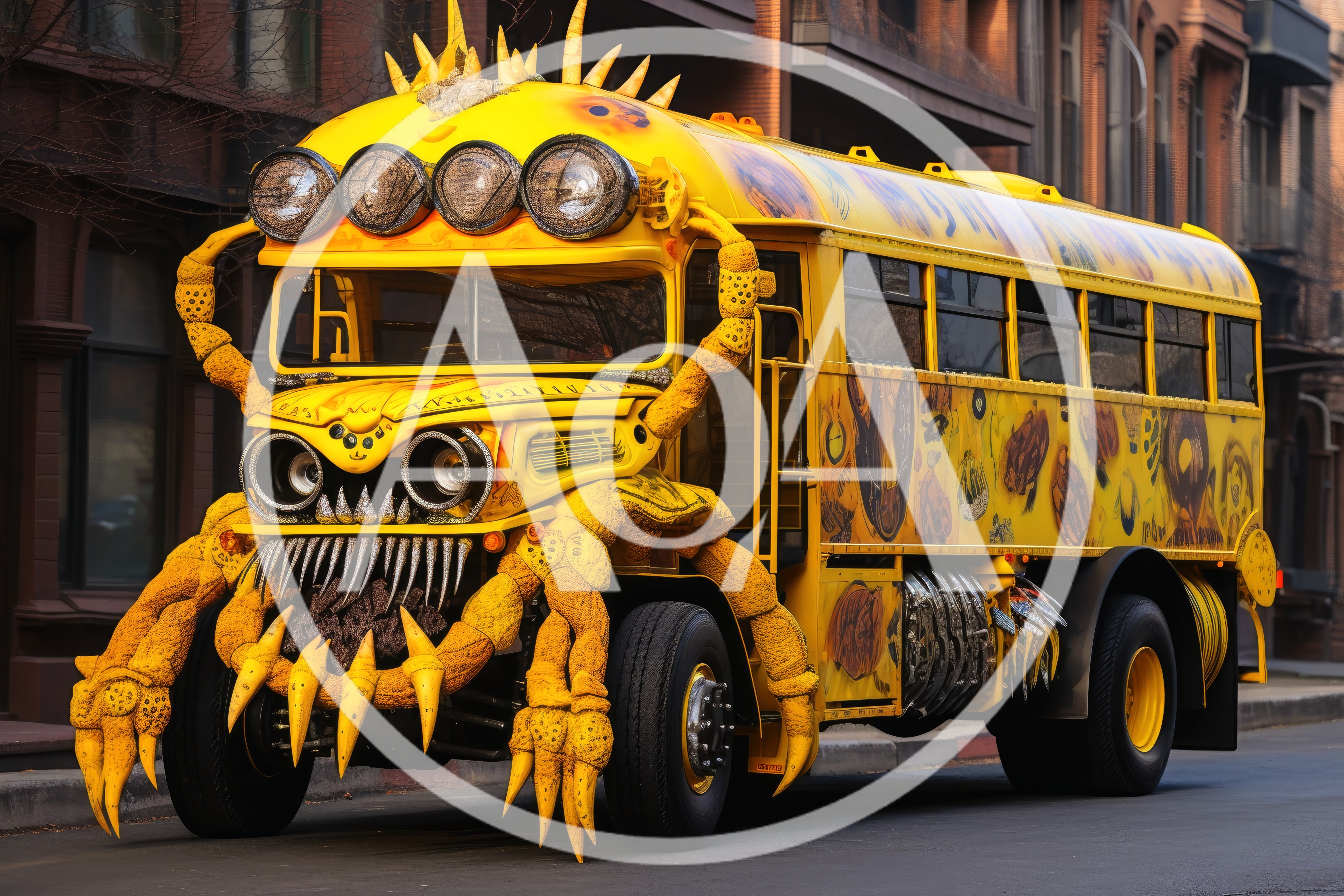 Surreal Monster School Bus With Spiky Appendages