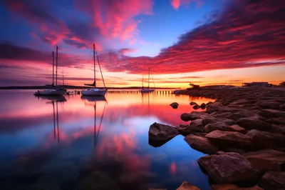 Sailboats Moored At Sunset Over Calm Water