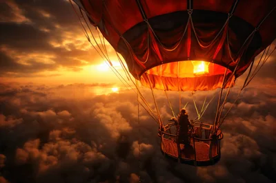 Hot Air Balloon Pilot Soaring Above Clouds At Sunset
