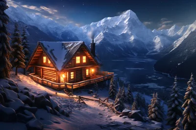 Cozy Log Cabin Overlooking Frozen Mountain Lake