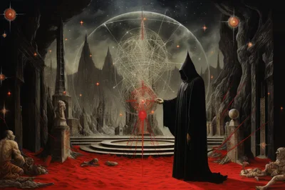 Dark Hooded Figure Performing Ritual In Surreal Landscape