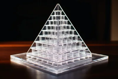 Clear Acrylic Tiered Pyramid Sculpture on Dark Surface