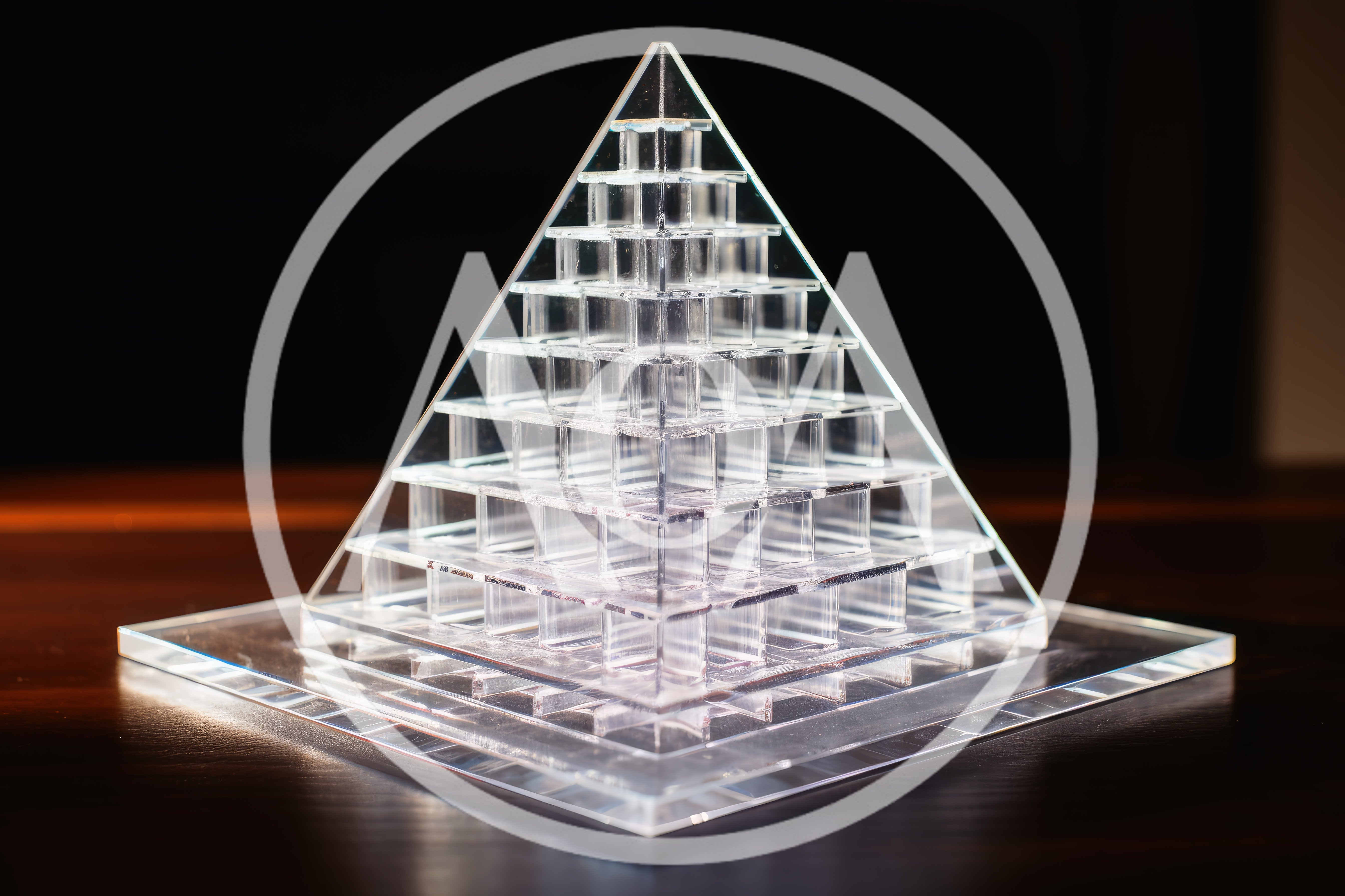 Clear Acrylic Tiered Pyramid Sculpture on Dark Surface