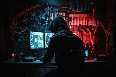 Hacker Working In A Dark Cyber Security Command Center