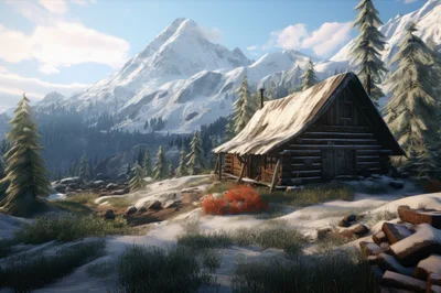 Rustic Log Cabin In Snowy Mountain Landscape