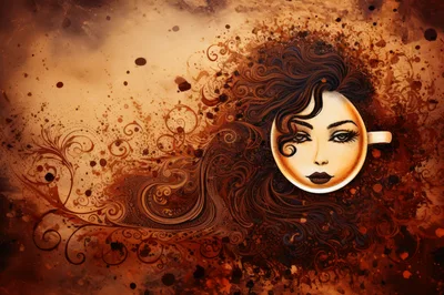 Surreal Coffee Cup Illustration With Woman Face And Hair