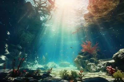 Sunlight Beams Piercing Through Underwater Coral Reef