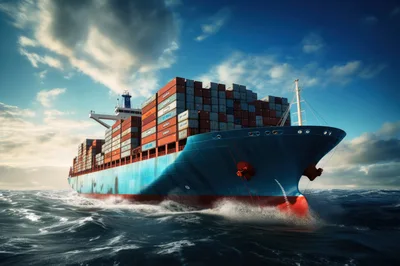 Large Container Ship Sailing Across Open Ocean