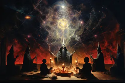 Occult Ritual With Cloaked Figures And Glowing Cosmic Symbol