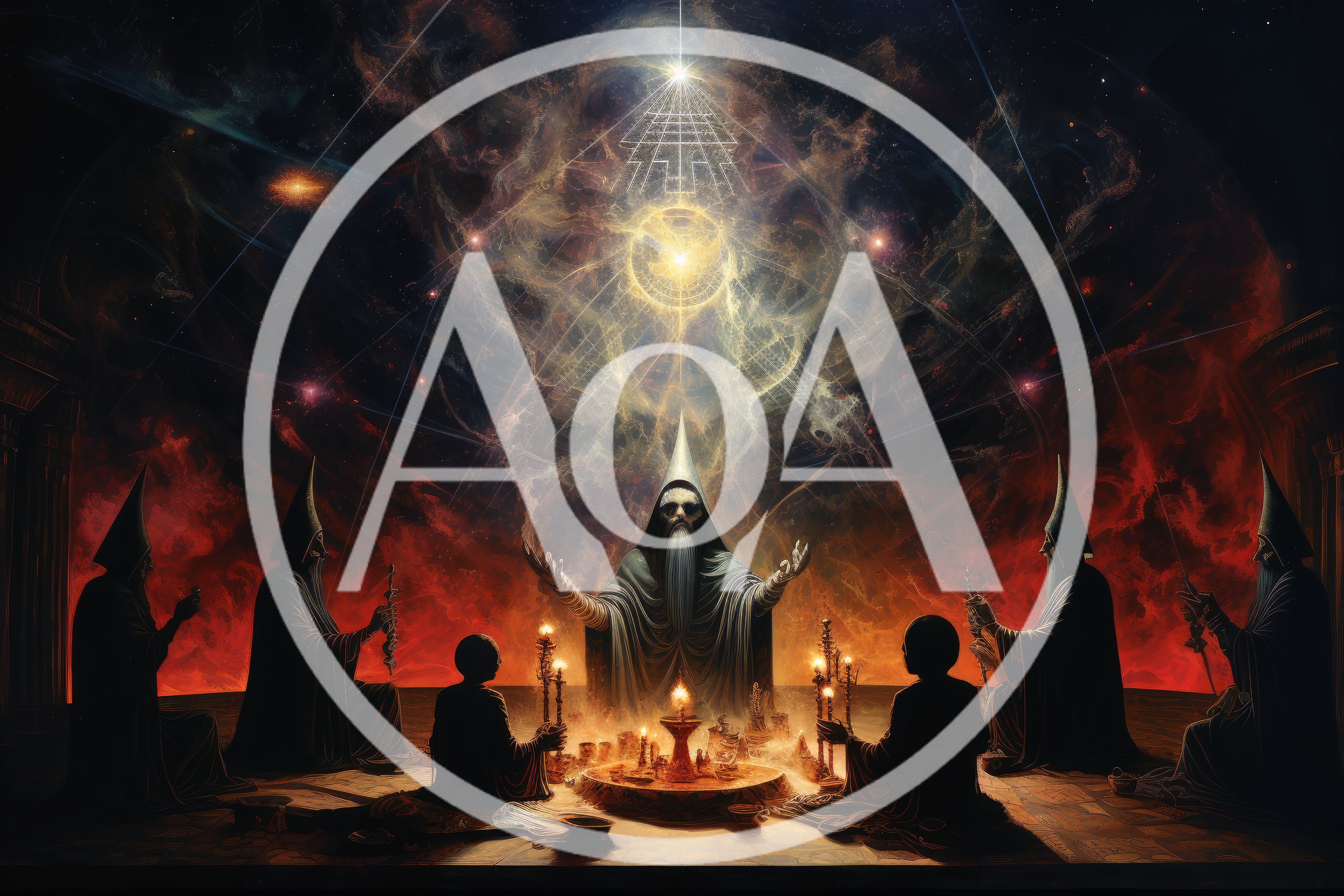 Occult Ritual With Cloaked Figures And Glowing Cosmic Symbol