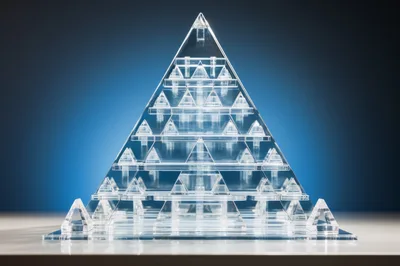 Clear Acrylic Pyramid Sculpture On Reflective Surface
