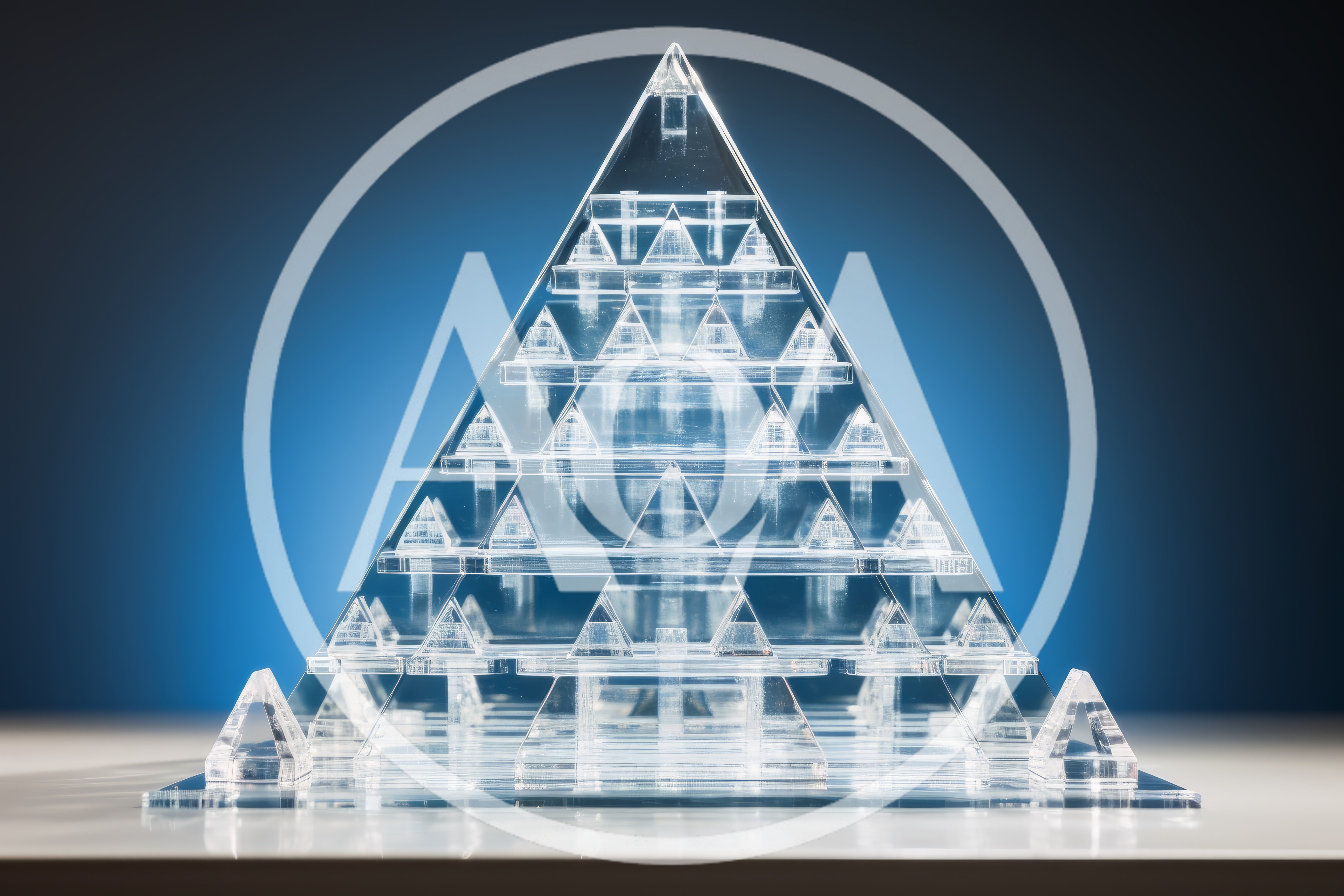 Clear Acrylic Pyramid Sculpture On Reflective Surface