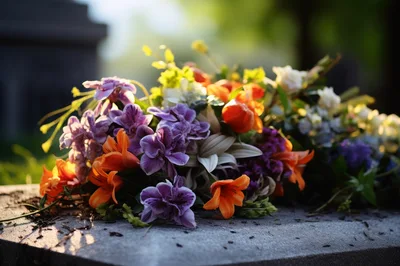 Colorful Floral Bouquet Resting On A Stone Grave Marker